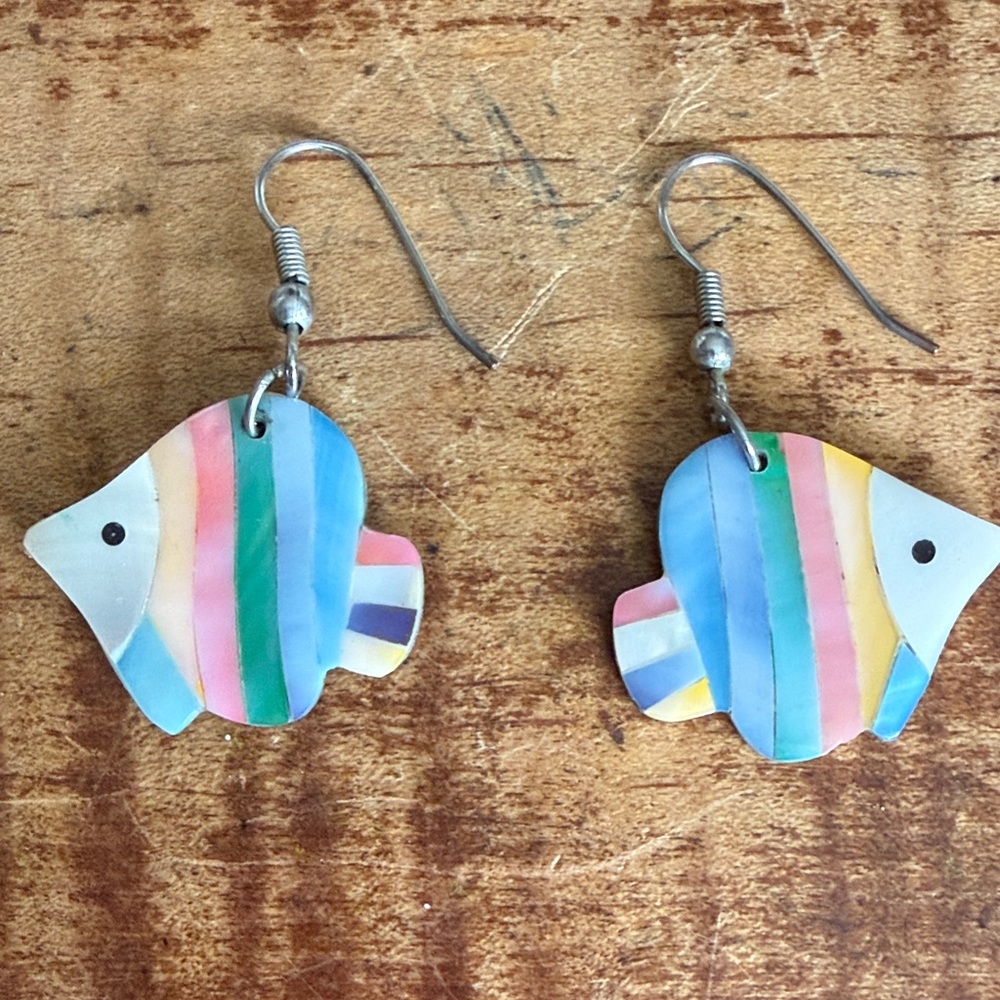 Carved Mosaic Multi Colored Mother of Pearl Fish Shaped Dangle Earrings